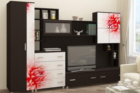 Гостиная Сицилия МДФ (Ш -3200 × В -2070 × Г-570 мм)/Венге + Белый Фотопечать на Выбор