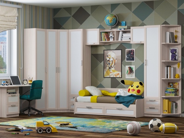 Детский Гарнитур Юнга-7-01 ЛДСП Белый ХДФ+Рамочный Профиль/Ясень Шимо Светлый